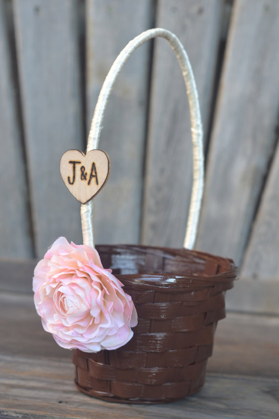 Свадьба - Small Flower Girl Basket You select flower and ribbon personalize with engraved heart with groom and bride initials.