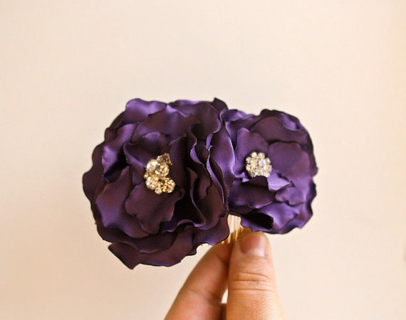 Mariage - Purple Wedding Head Piece, Purple Plum Bridal Wedding Flower Comb Rhinestone Flower Hairpiece Wedding Accessories Purple Wedding Fascinator