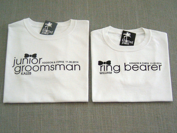 Mariage - SALE - Classic Junior Groomsman and Ring Bearer Personalized Black Bow Tie Wedding T-Shirts : 2 Shirts For 25 Dollars