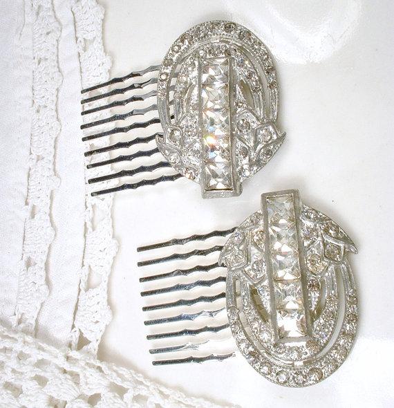 Wedding - OOAK Art Deco Bridal Hair Combs, 1920s 1930s Pave Rhinestone Dress Clips to Bridal Accessory Hairpiece Great Gatsby Wedding Headpiece Pair