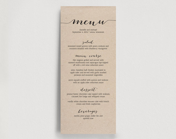 Mariage - Printable Wedding Menu Template - Dinner Menu Printable - Rustic DIY PDF Instant Download - Kraft 