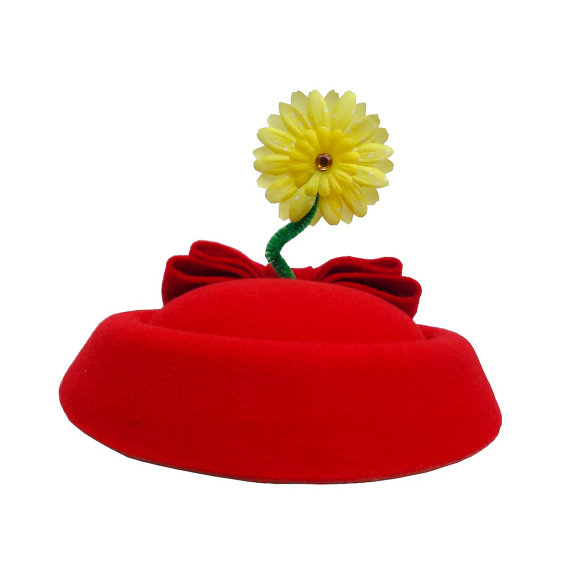 Hochzeit - Vintage Style Pillbox Cocktail Sailor Hat  in Red with Yellow Flower and Minnie Bow - Original Design By Hat And Mouse