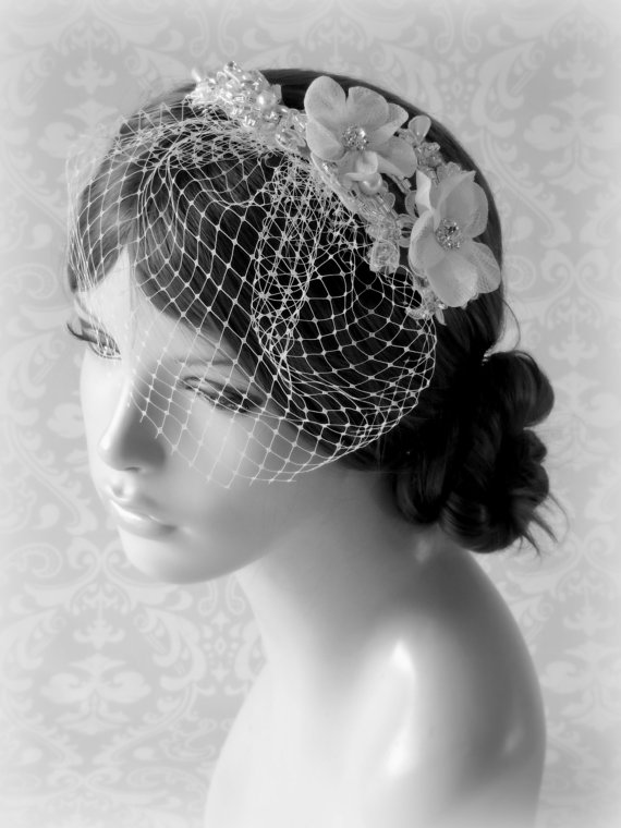 Wedding - Wedding Hair Accessories, Birdcage veil, Bridal Ivory Fascinator,Wedding Accessories, bridal birdcage, Bridal Veil, Bridal Veil set