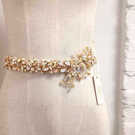 Hochzeit - Gold Crystal Bridal Belt- Custom- Swarovski Crystal Bridal Sash- Blush Bridal Belt
