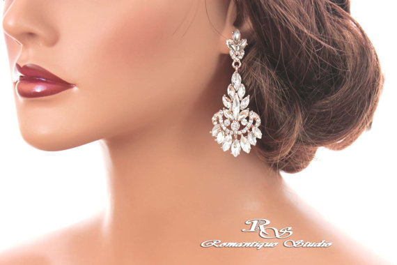Mariage - ROSE GOLD crystal earrings bridal earrings Art Deco wedding earrings marquise stone earrings chandelier earrings vintage style 1261RC