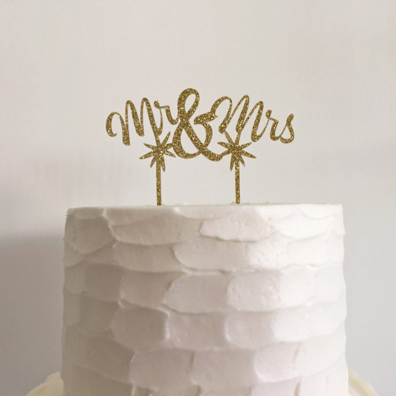 زفاف - Mr & Mrs Gold Glitter Star Acrylic Wedding Cake Topper with Ampersand