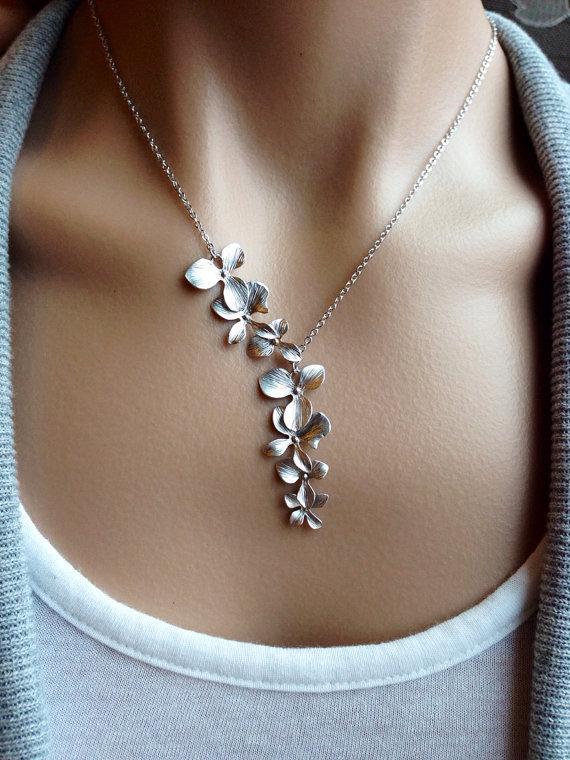 زفاف - Silver Orchid Cascade Necklace - gift, wedding, Mother's Day, bridesmaid, sister, daughter, romantic, botanical, bridal, anniversary