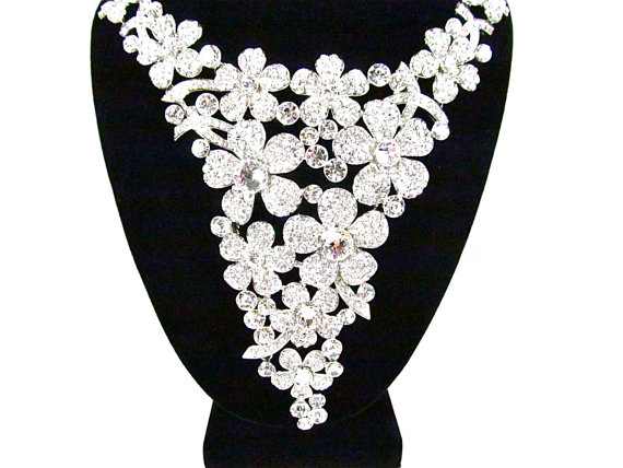 زفاف - Rhinestone Crystal Floral Necklace, Bridal Statement Necklace, Rhinestone Wedding Necklace, Rhinestone Evening Necklace