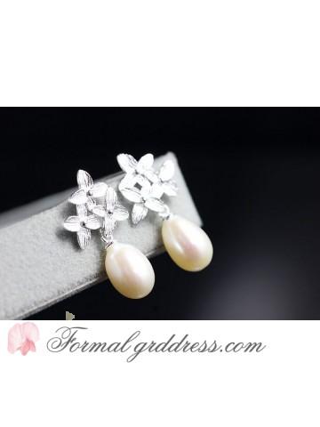 Wedding - Womens Sterling Silver Floral Top Stud Pearl Earrings 2015 Sale