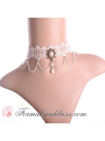 Wedding - Sweet High Quality White Pearl Teardrop Pendant Lolita Princess Lace Choker