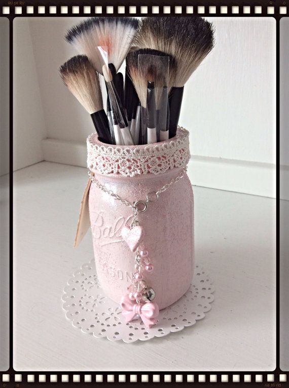 Hochzeit - Charming Makeup Caddy Pink Altered Mason Jar