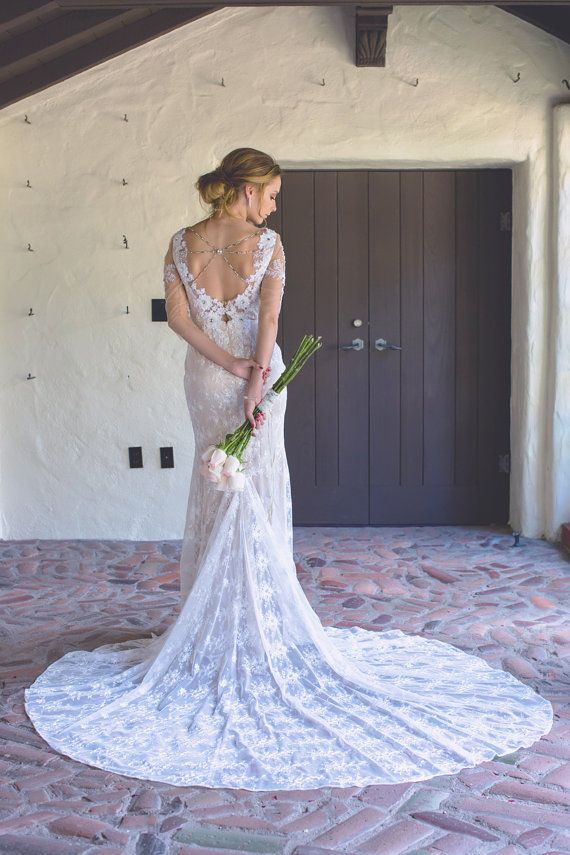 زفاف - Wedding Dress With Sleeves, Illusion Neckline, Glamorous And Sexy, Embellished, Open Back, Stretch Mermaid Gown