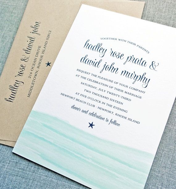 Hochzeit - Hadley Watercolor Waves Beach Wedding Invitation Sample - Aqua Blue Waves Wedding Invitation