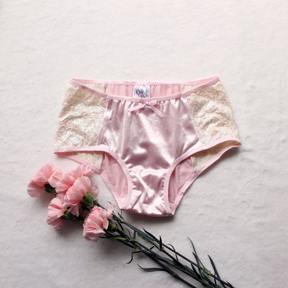 Mariage - Lingerie Sample SALE Handmade Satin and Sequin Panties in Pink and White Size Small / Medium