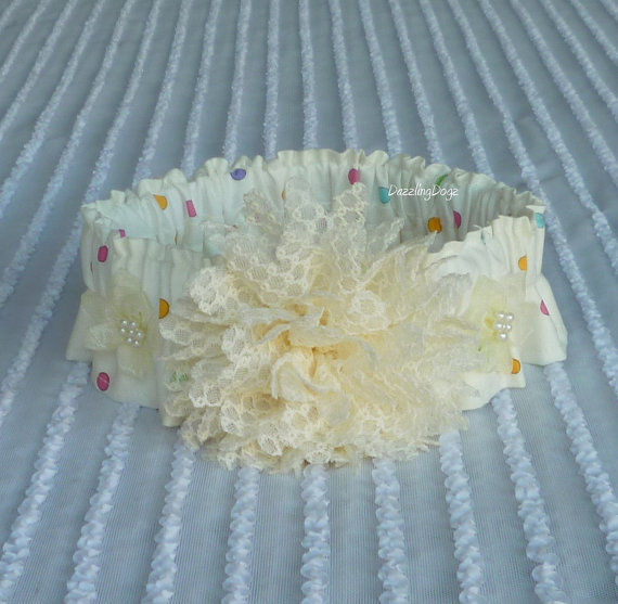 Wedding - Bridal or Special Occasion Dog Scrunchie Collar with ivory lacey flower - L: 16" to 18" neck