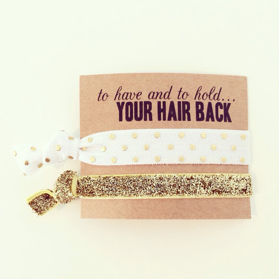 Mariage - Hair Tie Bridesmaid Gift // White + Gold Glitter Elastic Hair Ties, White + Gold Dot Hair Tie Favors, Polka Dot Wedding Bridal Shower Favors