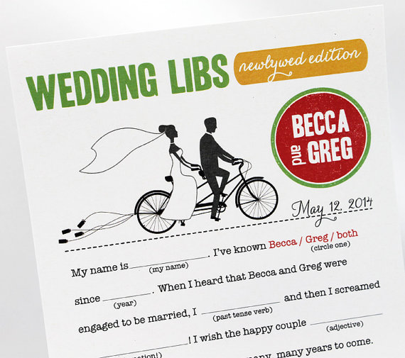 زفاف - Bride & Groom on Bike Mad Libs PDF FILE Print Yourself Colors are Customizable