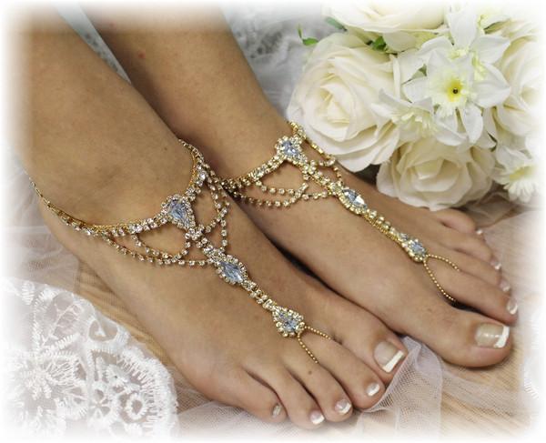 Hochzeit - Barefoot sandals beach, barefoot beach, barefoot sandle, rhinestones, something blue, foot jewelry, beach, tropical, bridal, shoes, SOMETHING BLUE gold barefoot sandals 