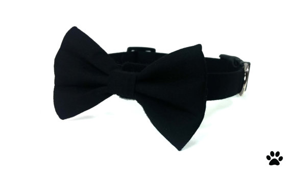 زفاف - Black bow tie and collar set, black dog bow tie collar, black cat collar bow tie, solid black wedding bow tie collar set
