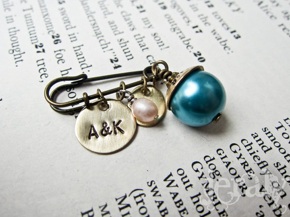 زفاف - Bridal Bouquet Pin Custom Stamped with Wedding Date, Monogram, Initials - Something Old, New, Borrowed, Blue 12mm Pearl or Agate