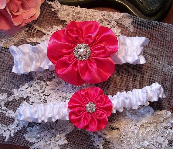 Hochzeit - White Wedding Garter Set, Hot Pink Flower on White Bridal Garter