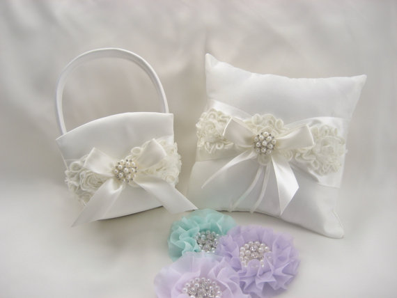 Hochzeit - White Wedding Ring Pillow and Flower Girl Basket Set Shabby Chic Vintage Ivory and Cream Custom Colors too