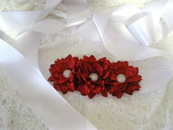 زفاف - White Three Inch Wide Satin Wedding Sash with Red Satin Flowers and Gorgeous Rhinestone Accents Christmas Wedding Sash  Custom Order