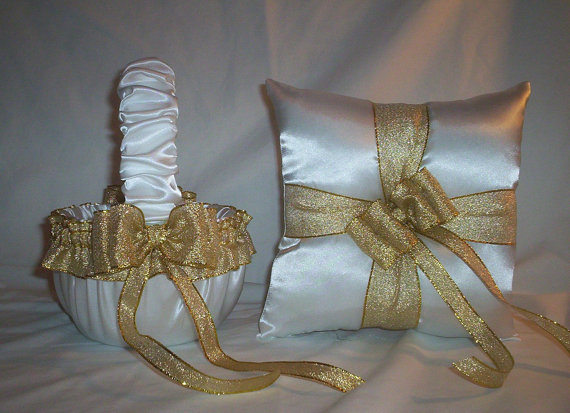 Wedding - White Satin With Gold Metallic Ribbon Trim Flower Girl Basket And Ring Bearer Pillow Set 1