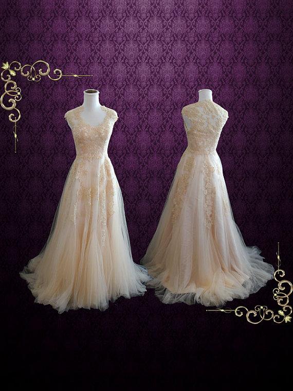 زفاف - Champagne Whimsical Lace Wedding Dress with Illusion Back 