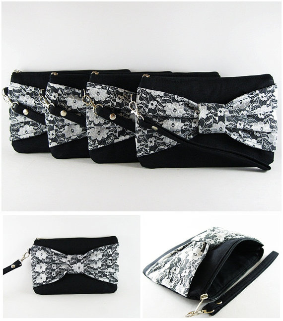 زفاف - SUPER SALE - Set of 3 Black Lace Bow Clutches - Bridal Clutches, Bridesmaid Clutches, Bridesmaid Wristlet, Wedding Gift - Made To Order