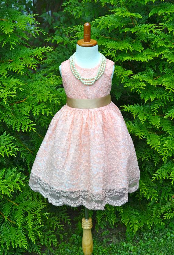 Mariage - Blush Pink Coral Lace Flower Girl Dress, Coral Lace dress, Coral Wedding dress, flower girl junior bridesmaid dress, Vintage Style Dress