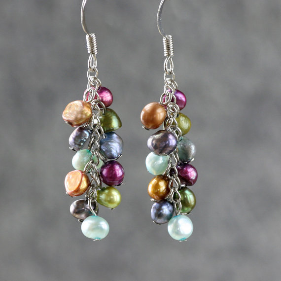 Wedding - Colorful pearl dangling chandelier earrings Bridesmaid gifts Free US Shipping handmade Anni designs