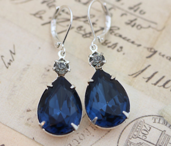Hochzeit - Navy Blue Gray Montana Blue Navy Wedding Jewelry Black Diamond Bridesmaids Earrings Silver Earrings - Clip Ons Available