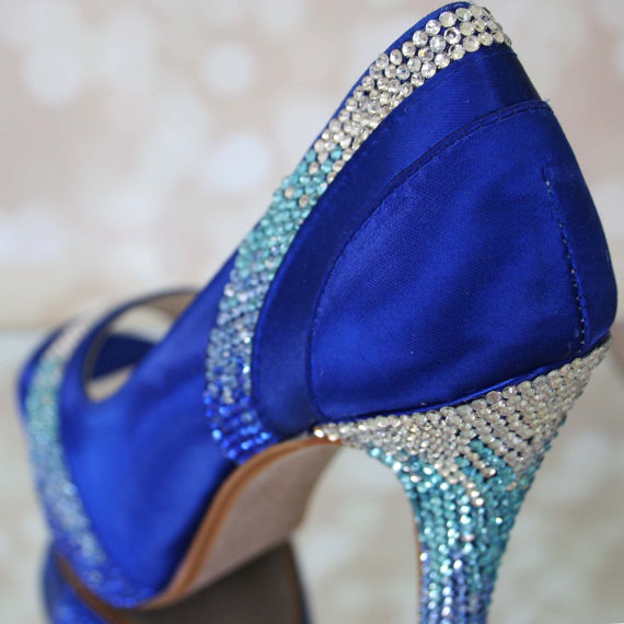 زفاف - Wedding Shoes -- Royal Blue Platform Peep Toes with Blue Crystal Ombre Heel and Pleats