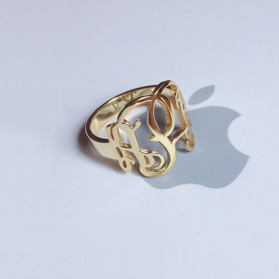 زفاف - Gold Monogram Ring Initial,0.6" Solid 925 Sterling Silver Ring,Cut Out 3 Initial Ring Personalized,Birthday Gift,Monogram Ring Jewelry