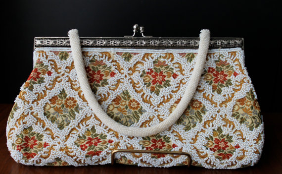 Wedding - Vintage Wedding Purse Tapestry Bag Beaded Handbag Art Deco Style Flapper Bag Fashion Purse Accessories Womens Rockabilly Pin Up Burlesque