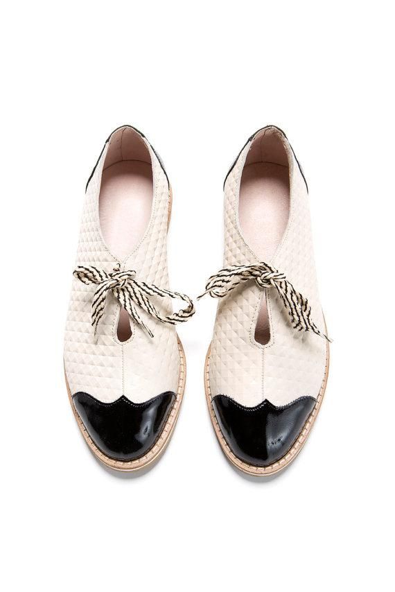 Wedding - Summer Sale 30% Off Oxford Flat Shoes - White And Black Oxford Shoes - Tie Oxford Shoes - Handmade By ImeldaShoes