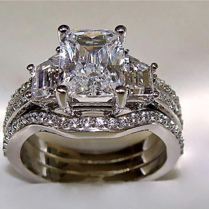 زفاف - 3.10Ct Radiant Cut Engagement Ring With 2 Matching Wedding Bands 14K Solid Gold