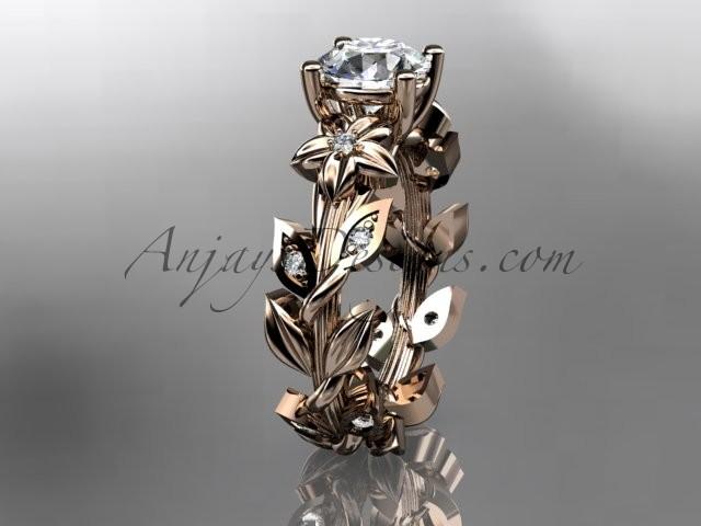 Wedding - 14k rose gold diamond floral leaf and vine wedding ring, engagement ring with a "Forever Brilliant" Moissanite center stone ADLR215