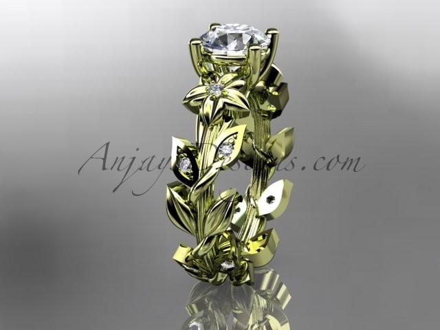 زفاف - 14k yellow gold diamond floral leaf and vine wedding ring, engagement ring with a "Forever Brilliant" Moissanite center stone ADLR215
