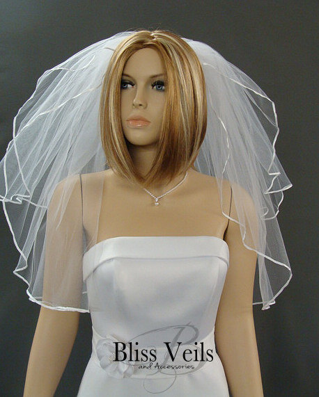 زفاف - Ribbon Edge Wedding Veil, Waist Length Bridal Veil, 2 Layer Veil