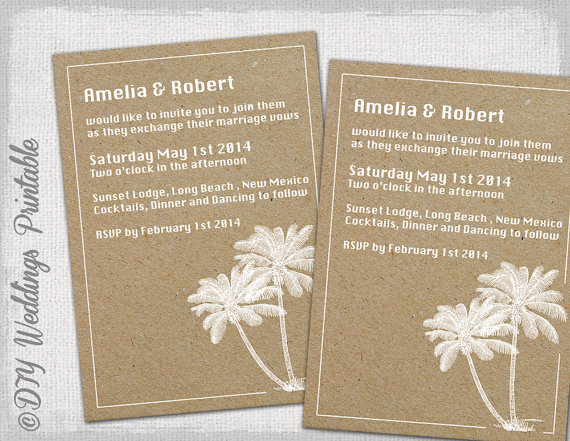 Свадьба - Printable Beach Wedding invitations template "Destination" YOU EDIT instant download invite white palm trees on kraft  -digital Word / Jpg
