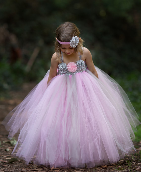 Hochzeit - Pink and Silver (Gray) Flower Girl Tutu Dress, Rhinestone Tutu Dress, Flower Girl Tutu Dress, Silver Flower Girl Dress