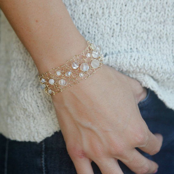Hochzeit - Thin gold moonstone crystal cuff bracelet aurora borealis crystal moonstone jewelry moonstone bracelet delicate wire knit jewelry