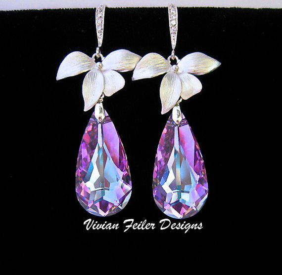 Wedding - Purple Blue Wedding Jewelry Orchid Earrings Bridal Jewelry Bridesmaid Gift Wedding Jewellery Prom Mother of the Bride