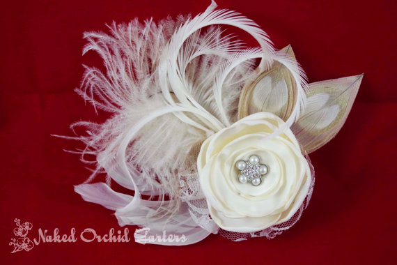 Hochzeit - Peacock Wedding Hair Clip, Ivory Bridal Feather Fascinator, Ivory Bridal Flower, Wedding Rose Headpiece, Birdcage Veil