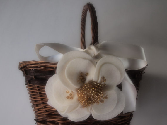 Mariage - Flower Girl Basket Wedding Ivory Gold