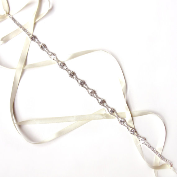 Hochzeit - Skinny Rhinestone Ribbon Bridal Belt - Silver and Crystal Rhinestone Belt - Crystal Wedding Dress Belt - Extra Long