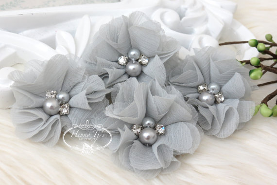 Wedding - NEW: 4 pcs Aubrey PALE GRAY - Soft Chiffon with pearls and rhinestones Mesh Layered Small Fabric Flowers, Hair accessories