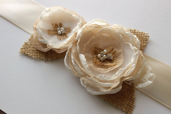 Hochzeit - sale 25% off Burlap lace Bridal wedding sash rhinestone pearl
